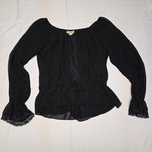 Sheer Chic Black Women's Blouse with Lace Trim Goth